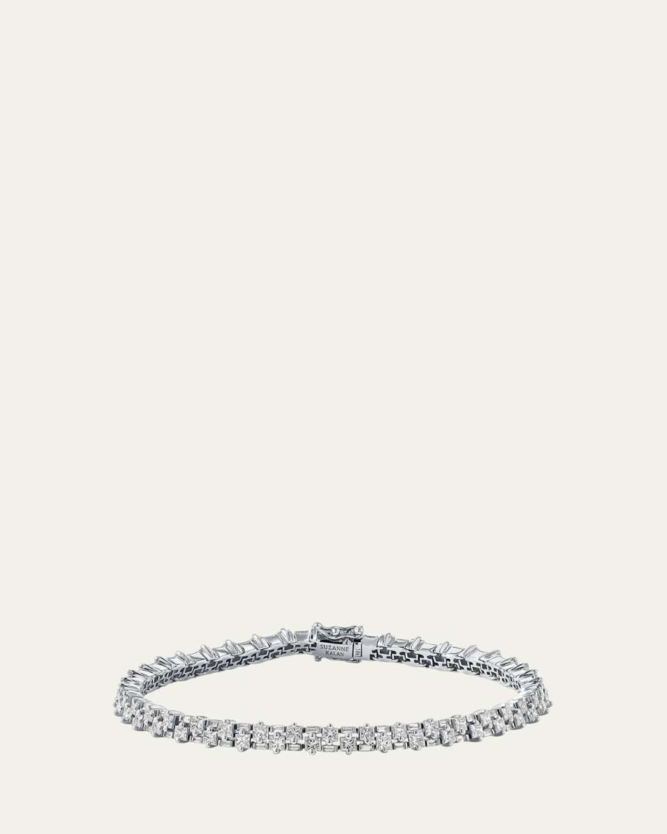 18K White Gold Flexible Tennis Bracelet with Princess Cut and Baguette Diamonds
